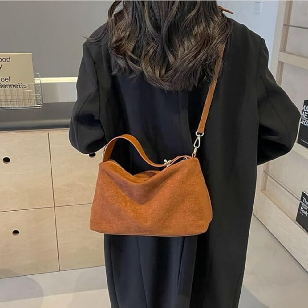 Brown Suede Leather Hobo Bags Slouchy Tote‎ Handbag Adjustable Strap Crossbody